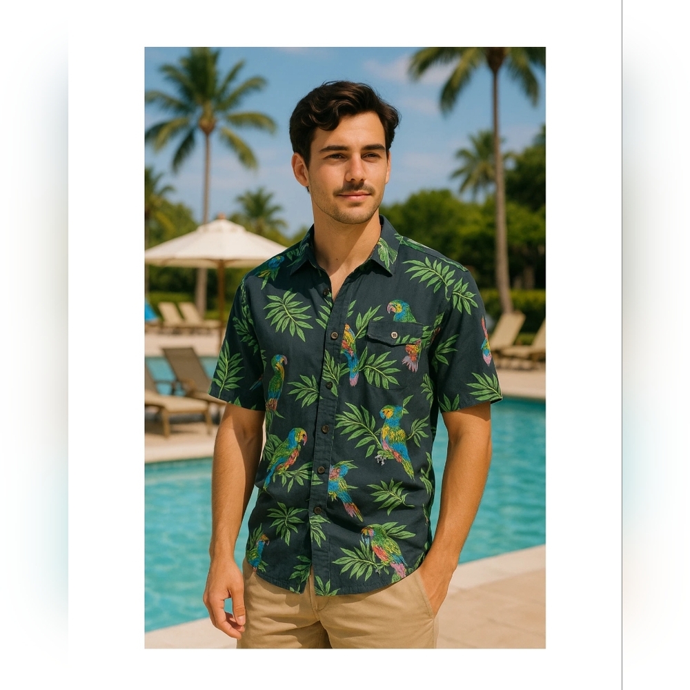 VTG Utopia Sz Small Button Down Shirt Tropical Parrot Print Black Silk